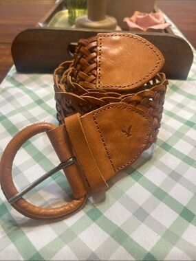 American Eagle Y2K Braided Stud Woven Wide Leather Belt - Cognac Lg